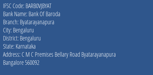 Bank Of Baroda Byatarayanapura Branch Bengaluru IFSC Code BARB0VJBYAT