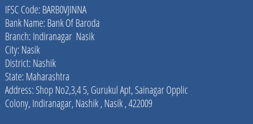 Bank Of Baroda Indiranagar Nasik Branch Nashik IFSC Code BARB0VJINNA