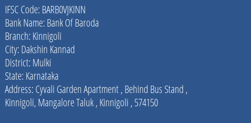 Bank Of Baroda Kinnigoli Branch Mulki IFSC Code BARB0VJKINN