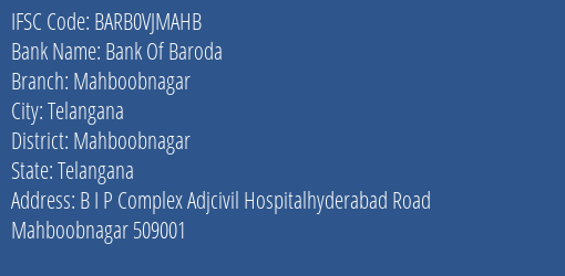 Bank Of Baroda Mahboobnagar Branch Mahboobnagar IFSC Code BARB0VJMAHB