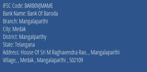 Bank Of Baroda Mangalaparthi Branch Mangalparthy IFSC Code BARB0VJMAME