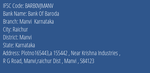 Bank Of Baroda Manvi Karnataka Branch Manvi IFSC Code BARB0VJMANV