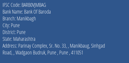 Bank Of Baroda Manikbagh Branch Pune IFSC Code BARB0VJMBAG
