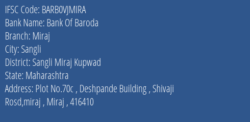 Bank Of Baroda Miraj Branch Sangli Miraj Kupwad IFSC Code BARB0VJMIRA