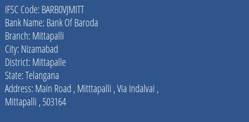 Bank Of Baroda Mittapalli Branch Mittapalle IFSC Code BARB0VJMITT