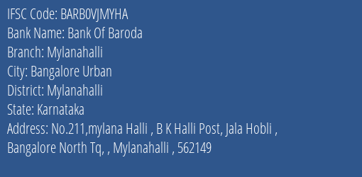 Bank Of Baroda Mylanahalli Branch Mylanahalli IFSC Code BARB0VJMYHA