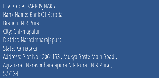 Bank Of Baroda N R Pura Branch Narasimharajapura IFSC Code BARB0VJNARS