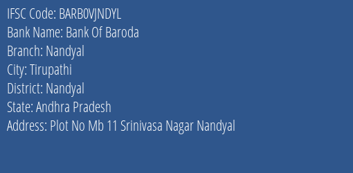 Bank Of Baroda Nandyal Branch, Branch Code VJNDYL & IFSC Code BARB0VJNDYL