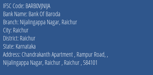 Bank Of Baroda Nijalingappa Nagar Raichur Branch Raichur IFSC Code BARB0VJNIJA