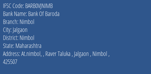 Bank Of Baroda Nimbol Branch Nimbol IFSC Code BARB0VJNIMB