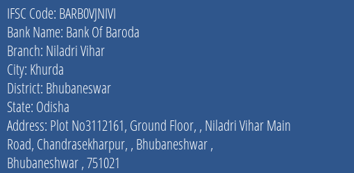 Bank Of Baroda Niladri Vihar Branch Bhubaneswar IFSC Code BARB0VJNIVI