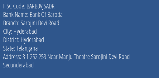 Bank Of Baroda Sarojini Devi Road Branch Hyderabad IFSC Code BARB0VJSADR