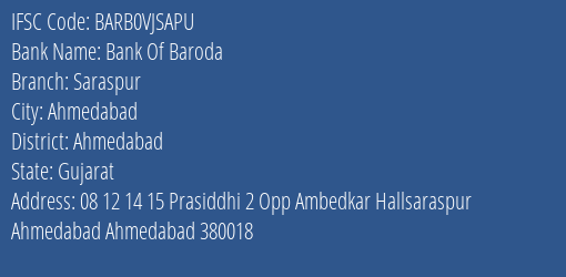 Bank Of Baroda Saraspur Branch, Branch Code VJSAPU & IFSC Code BARB0VJSAPU