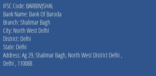 Bank Of Baroda Shalimar Bagh Branch Delhi IFSC Code BARB0VJSHAL