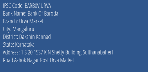 Bank Of Baroda Urva Market Branch Dakshin Kannad IFSC Code BARB0VJURVA