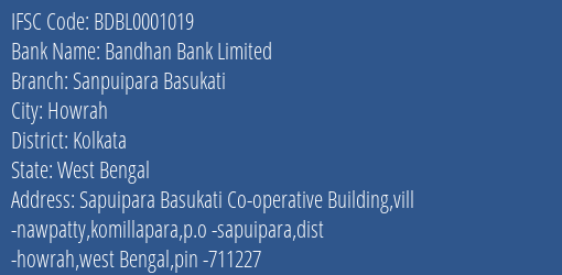 Bandhan Bank Limited Sanpuipara Basukati Branch, Branch Code 001019 & IFSC Code BDBL0001019