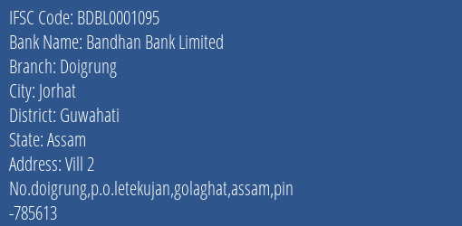 Bandhan Bank Limited Doigrung Branch, Branch Code 001095 & IFSC Code BDBL0001095