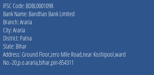Bandhan Bank Limited Araria Branch, Branch Code 001098 & IFSC Code BDBL0001098