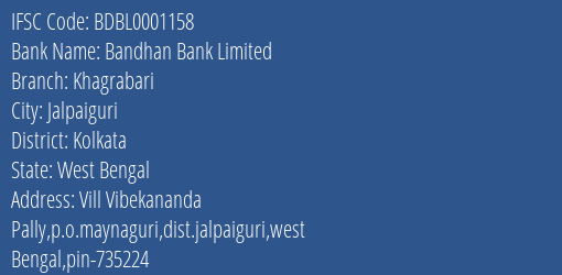 Bandhan Bank Khagrabari Branch Kolkata IFSC Code BDBL0001158