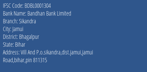 Bandhan Bank Limited Sikandra Branch, Branch Code 001304 & IFSC Code BDBL0001304