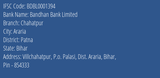 Bandhan Bank Chahatpur Branch Patna IFSC Code BDBL0001394