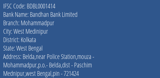 Bandhan Bank Mohammadpur Branch Kolkata IFSC Code BDBL0001414