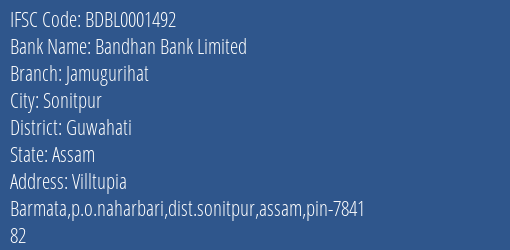 Bandhan Bank Jamugurihat Branch Guwahati IFSC Code BDBL0001492