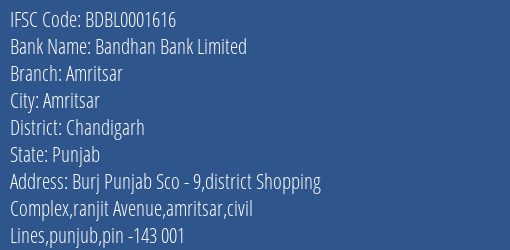 Bandhan Bank Limited Amritsar Branch IFSC Code
