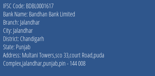 Bandhan Bank Limited Jalandhar Branch IFSC Code