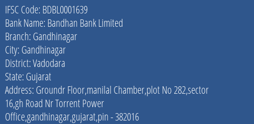 Bandhan Bank Limited Gandhinagar Branch, Branch Code 001639 & IFSC Code BDBL0001639