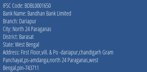Bandhan Bank Limited Dariapur Branch IFSC Code