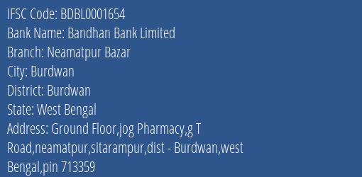 Bandhan Bank Limited Neamatpur Bazar Branch, Branch Code 001654 & IFSC Code BDBL0001654
