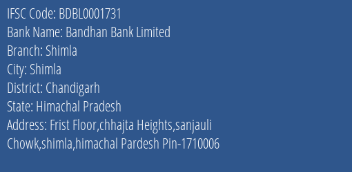 Bandhan Bank Limited Shimla Branch IFSC Code