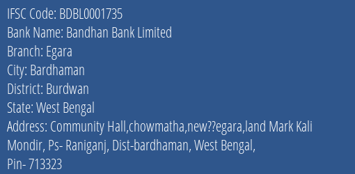 Bandhan Bank Limited Egara Branch, Branch Code 001735 & IFSC Code BDBL0001735