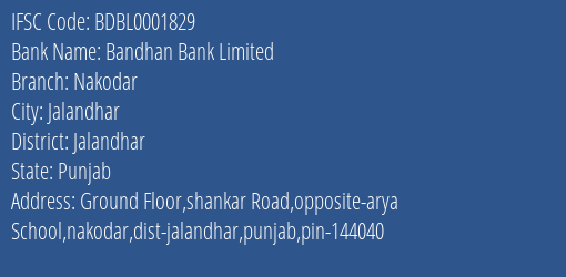 Bandhan Bank Limited Nakodar Branch, Branch Code 001829 & IFSC Code BDBL0001829