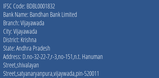 Bandhan Bank Limited Vijayawada Branch, Branch Code 001832 & IFSC Code BDBL0001832