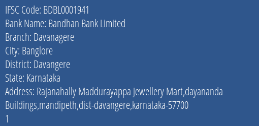 Bandhan Bank Limited Davanagere Branch, Branch Code 001941 & IFSC Code BDBL0001941