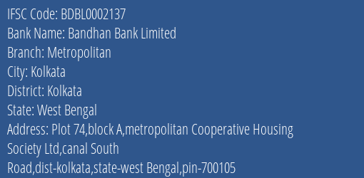 Bandhan Bank Metropolitan Branch Kolkata IFSC Code BDBL0002137
