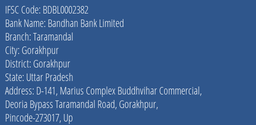 Bandhan Bank Limited Taramandal Branch, Branch Code 002382 & IFSC Code BDBL0002382