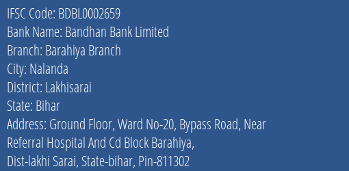 Bandhan Bank Barahiya Branch Branch Lakhisarai IFSC Code BDBL0002659