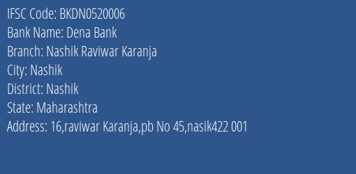 Dena Bank Nashik Raviwar Karanja Branch, Branch Code 520006 & IFSC Code BKDN0520006