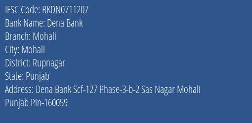 Dena Bank Mohali Branch, Branch Code 711207 & IFSC Code BKDN0711207