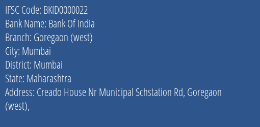 Bank Of India Goregaon (west) Branch IFSC Code