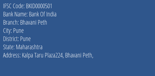 Bank Of India Bhavani Peth Branch Pune IFSC Code BKID0000501