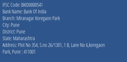 Bank Of India Miranagar Koregaon Park Branch Pune IFSC Code BKID0000541