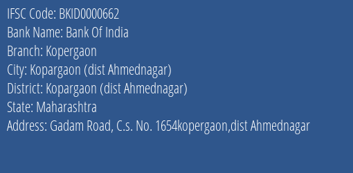 Bank Of India Kopergaon Branch Kopargaon Dist Ahmednagar IFSC Code BKID0000662