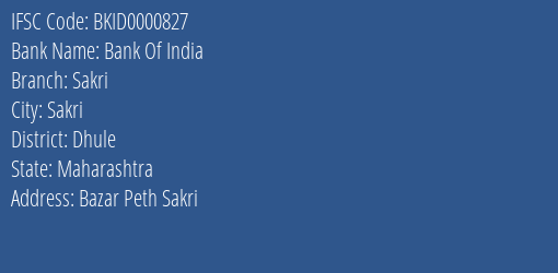 Bank Of India Sakri Branch, Branch Code 000827 & IFSC Code BKID0000827