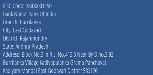 Bank Of India Burrilanka Branch Rajahmundry IFSC Code BKID0001150