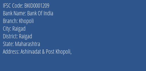 Bank Of India Khopoli Branch, Branch Code 001209 & IFSC Code BKID0001209