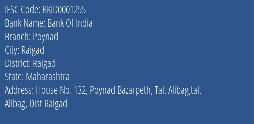 Bank Of India Poynad Branch Raigad IFSC Code BKID0001255